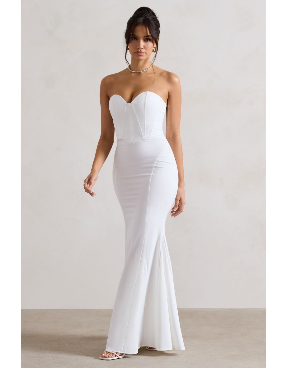 Idyllic | Cream Strapless Corset Style Fishtail Maxi Dress - 3
