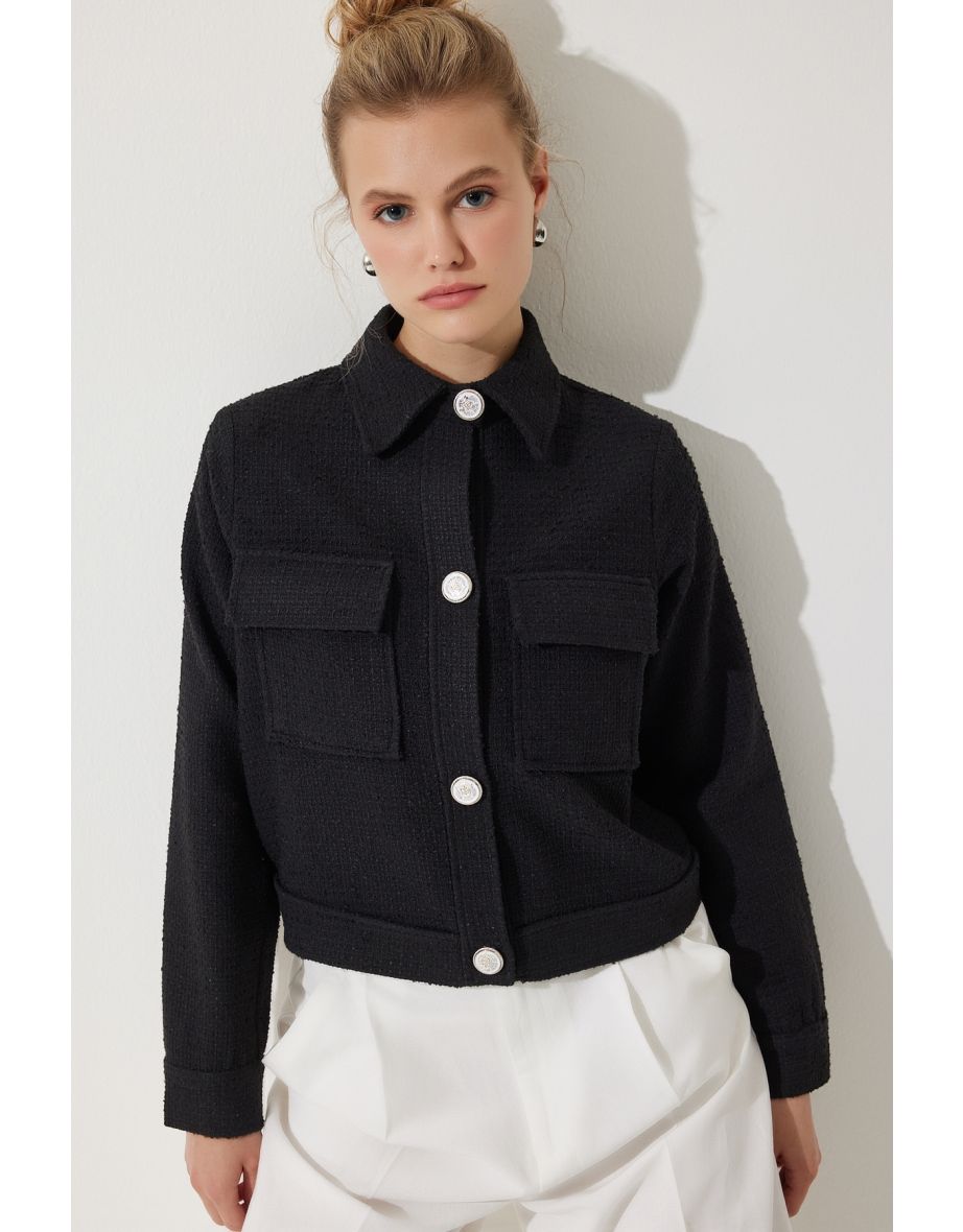 Women's Black Stylish Buttoned Woven Tweed Jacket with Pockets - 5