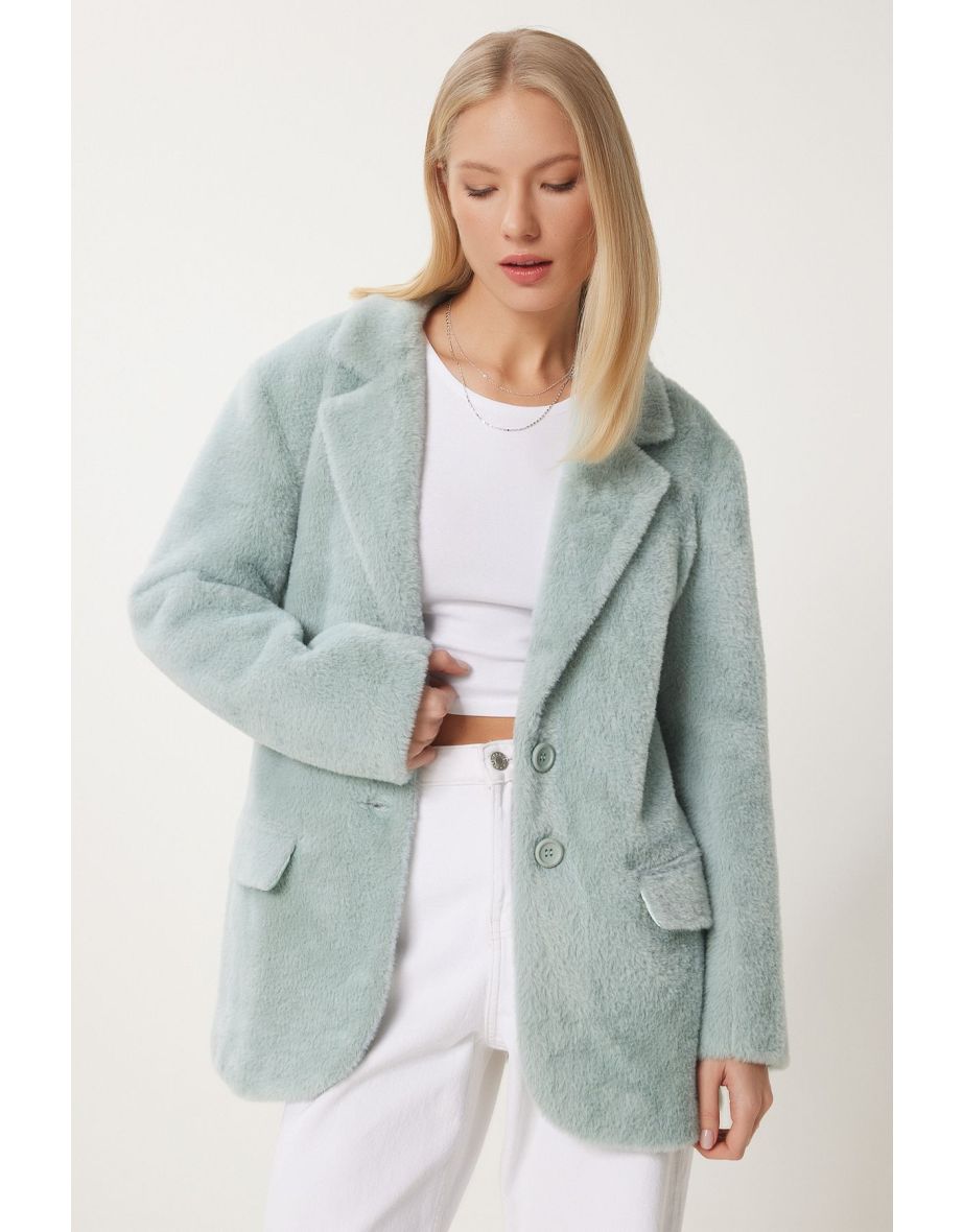 Women's Green Double Breasted Lapel Long Faux Fur Coat
