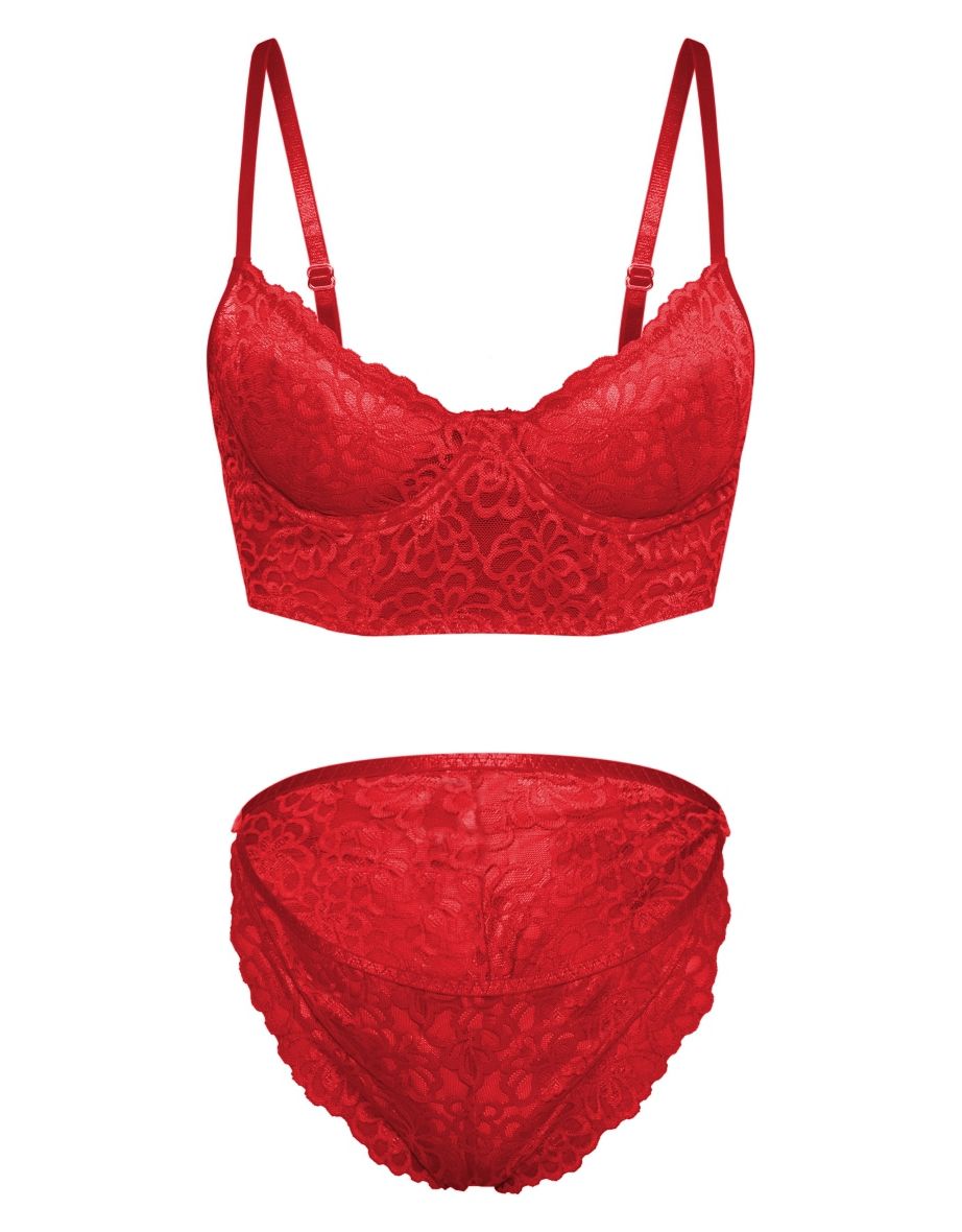 Red Floral Scalloped Edge Lace Longline Bra And Knicker Set - 4