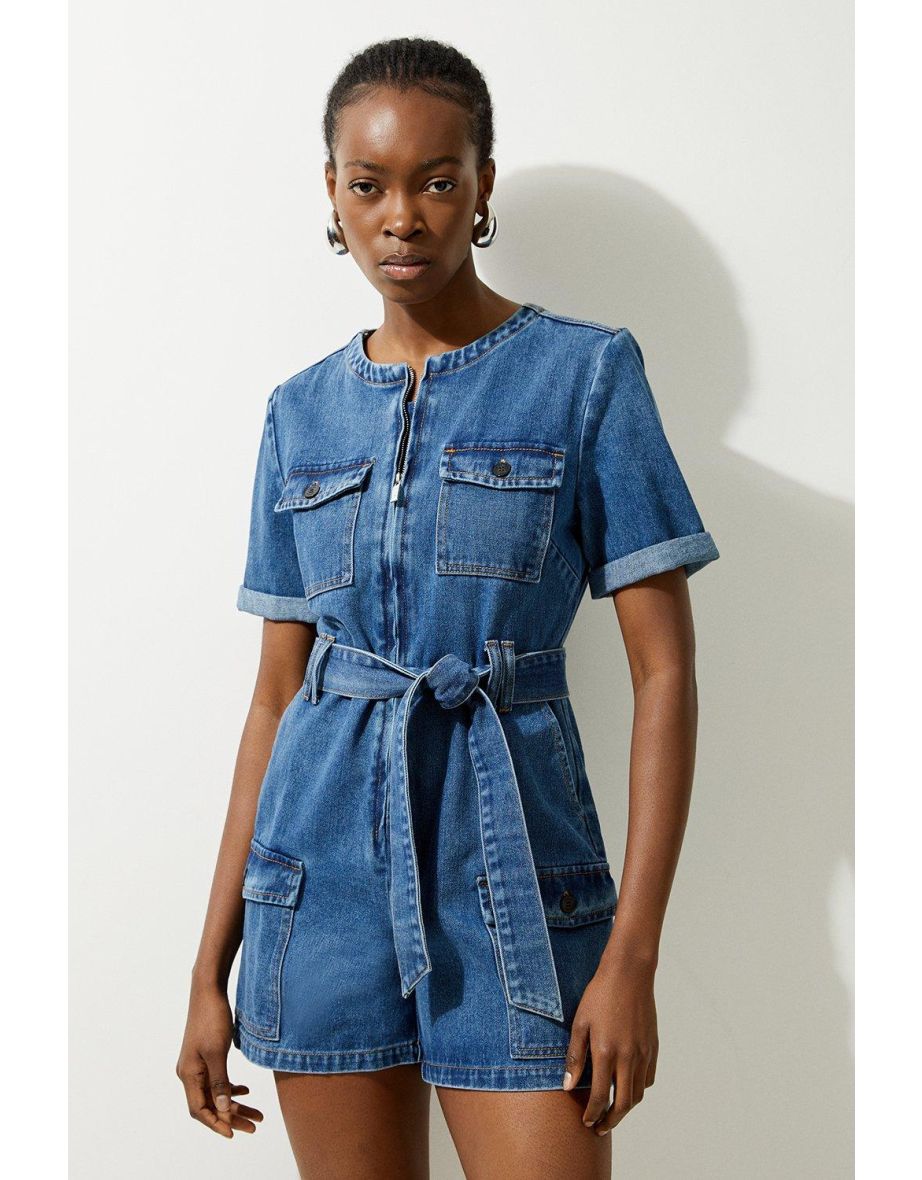 Denim Cargo Pocket Belted Playsuit