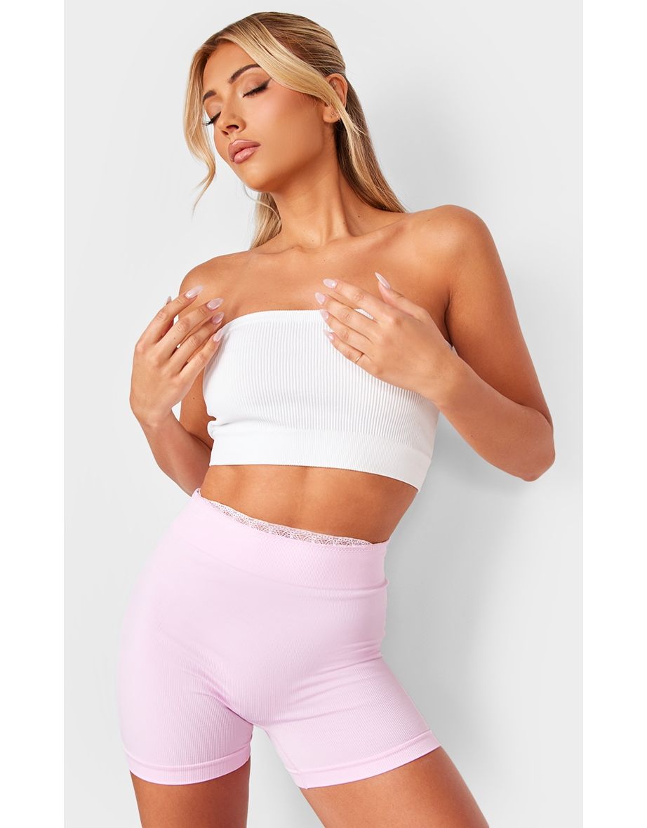 Pink Seamless Lace Trim Contour Hot Pants