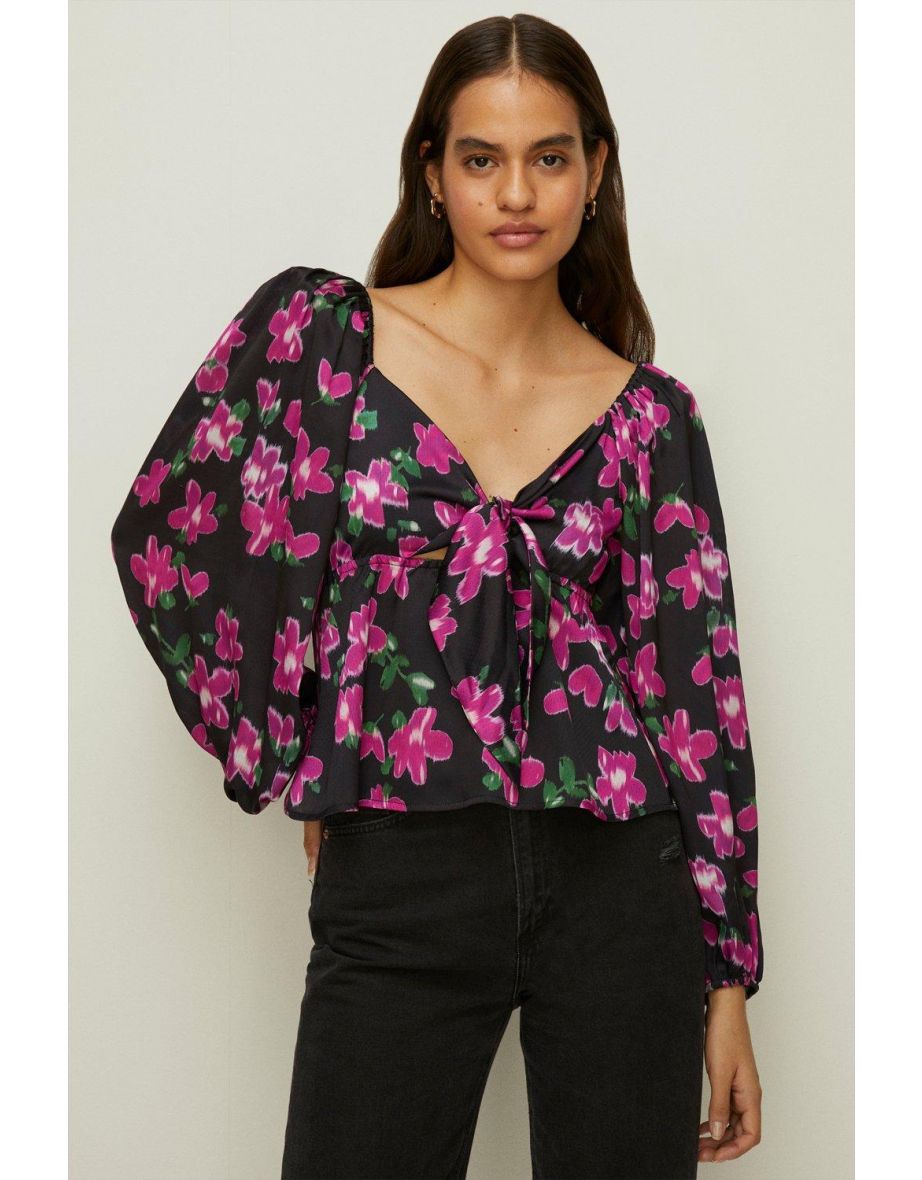 Dobby Satin Floral Tie Front Top