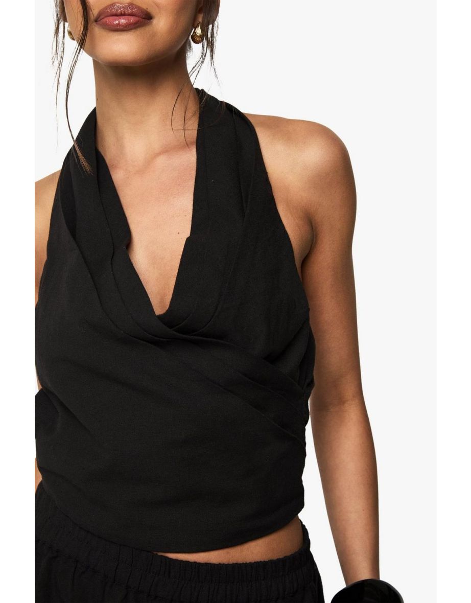 Linen Look Wrap Front Crop Top - black - 3
