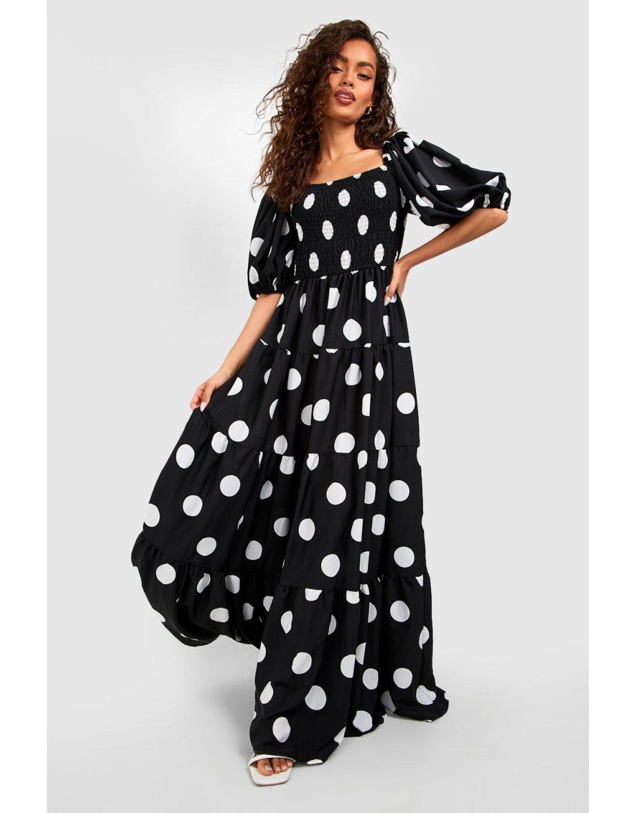 Polka Dot Extreme Puff Sleeve Shirred Maxi Dress - black