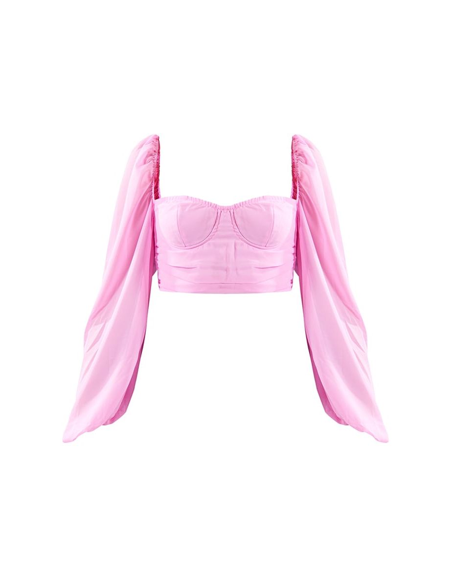 Baby Pink Chiffon Ruched Overlay Sweetheart Neckline Long Sleeve Crop Top - 4
