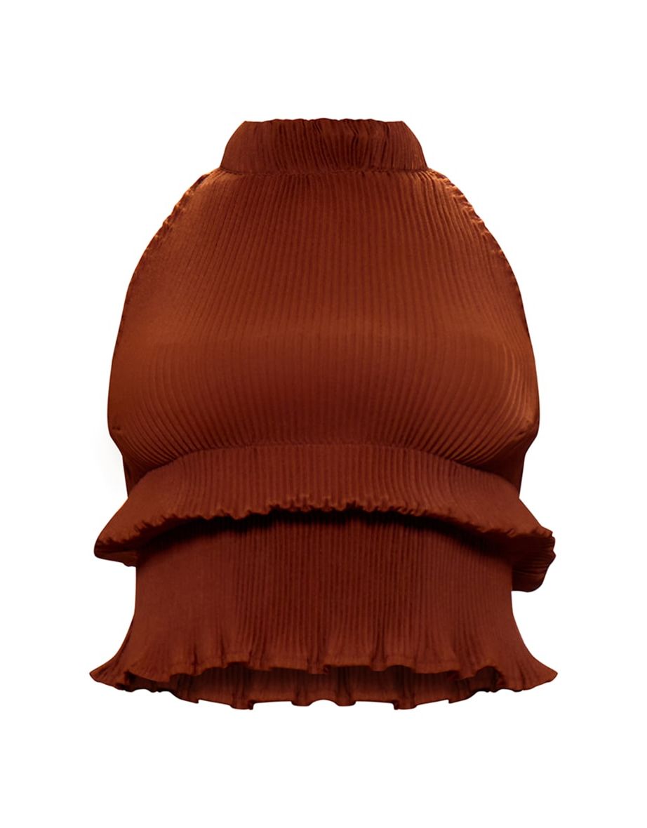 Chocolate Plisse Woven High Neck Backless Top - 4