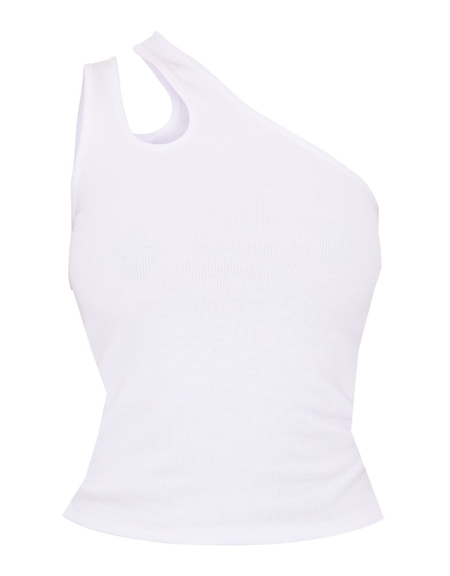 White Soft Rib Double Strap One Shoulder Top - 4