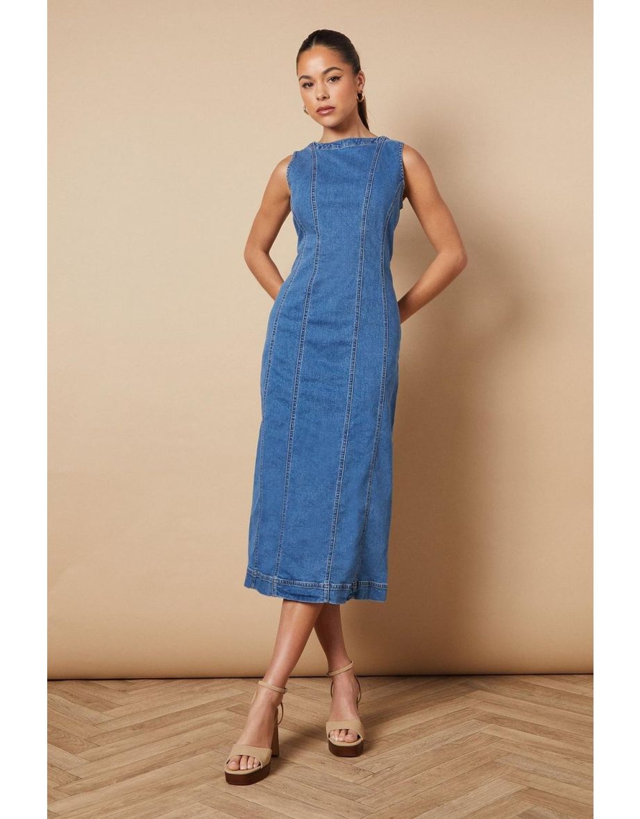 Sleeveless Denim Maxi Dress With Seam Detail