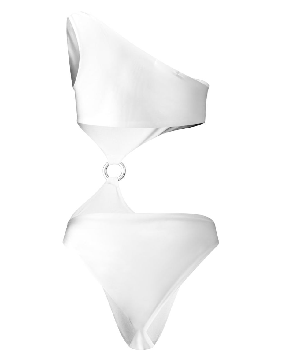 White One Shoulder O Ring Cut Out Swimsuit - 5