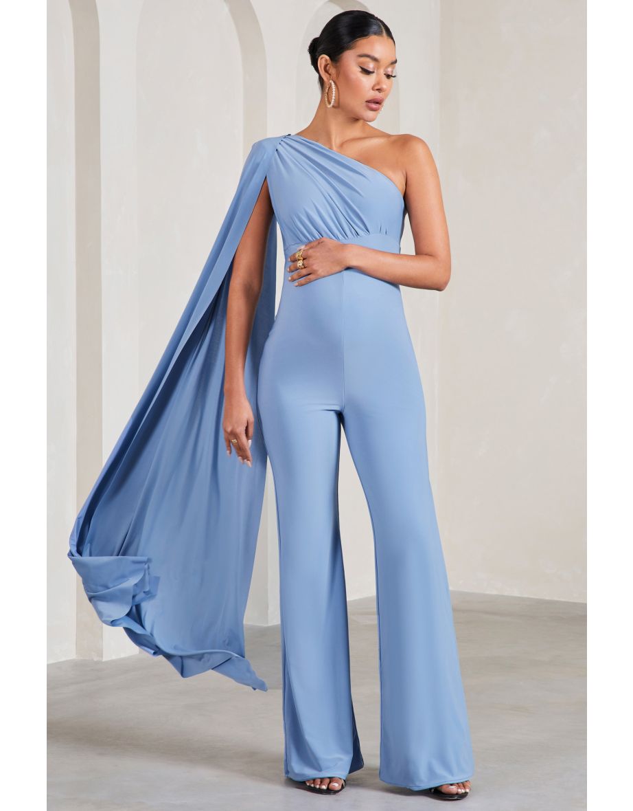 Sing To Sleep | Powder Blue Maternity One Shoulder Cape Jumpsuit - 4