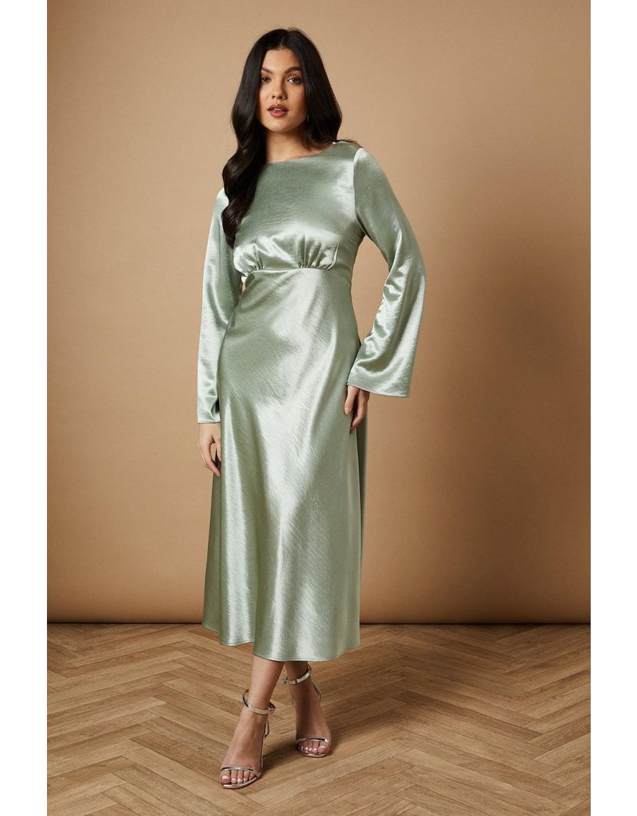 Metallic Satin Long Sleeve Midi Dress