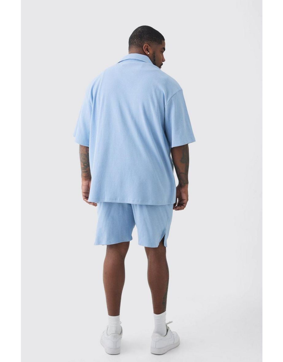 Plus Waffle Short Sleeve Shirt And Short Set - light blue - 1