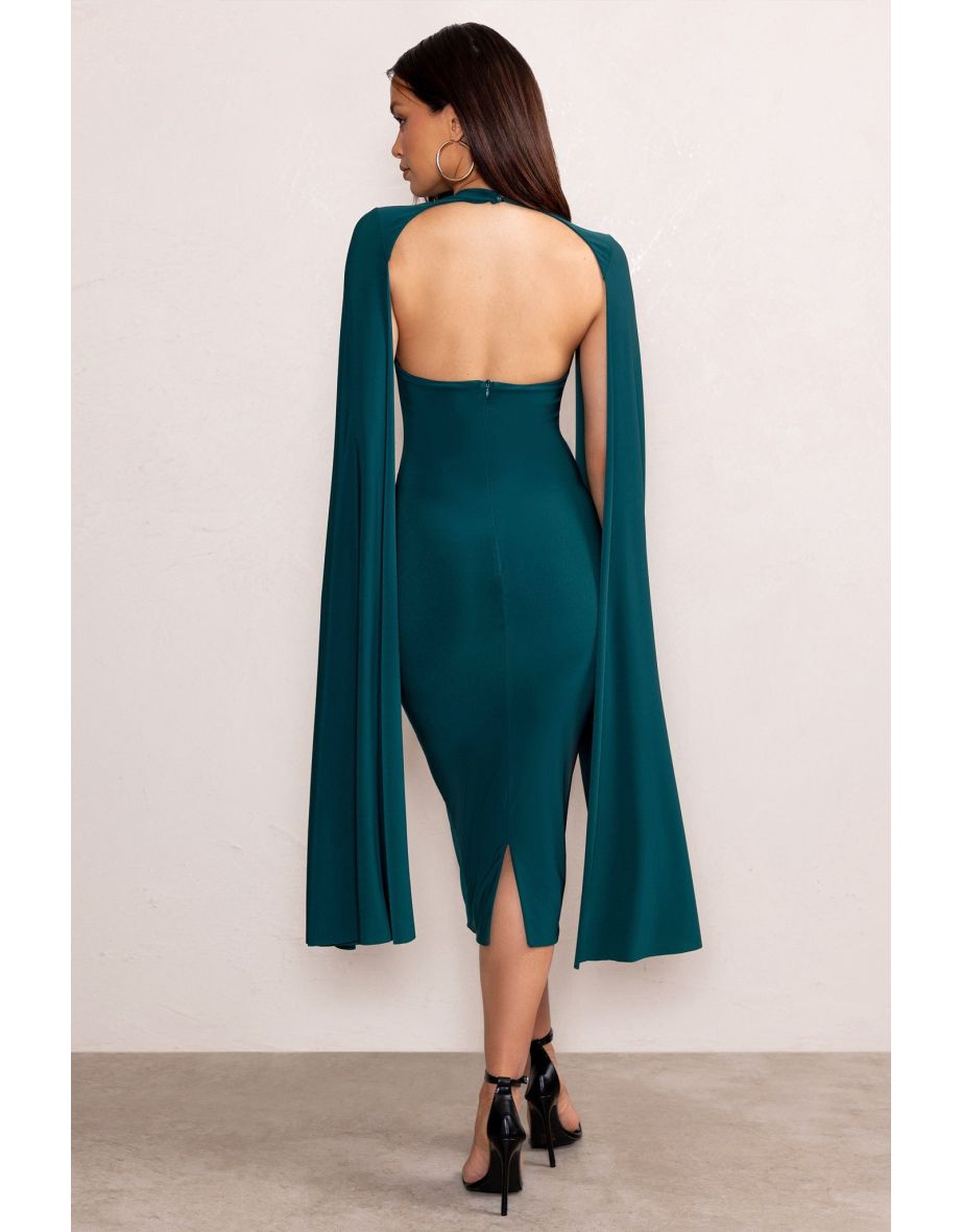 Myla | Bottle Green V-Neck Ruched Midi Dress with Cape Overlay - 5