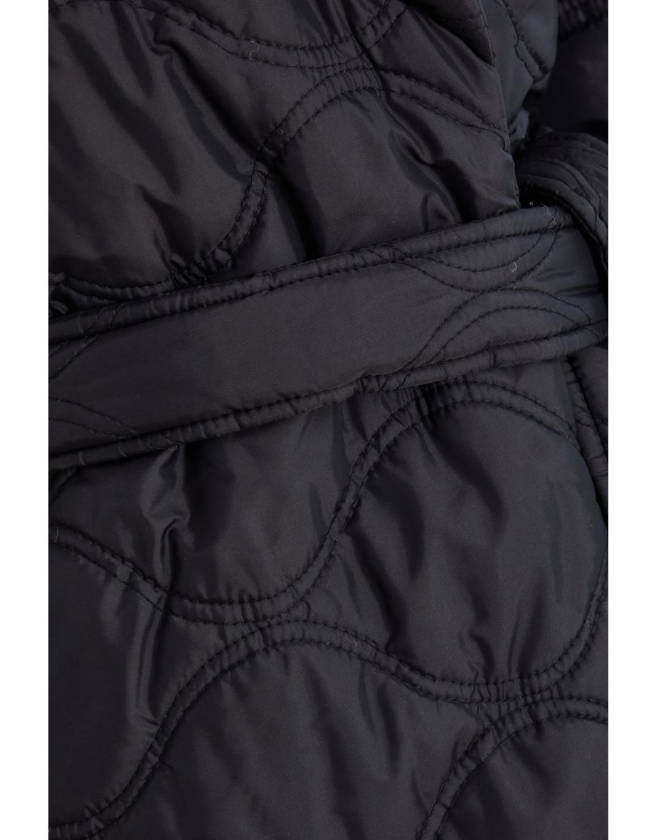 Black Quilted Long Line Coat - 5