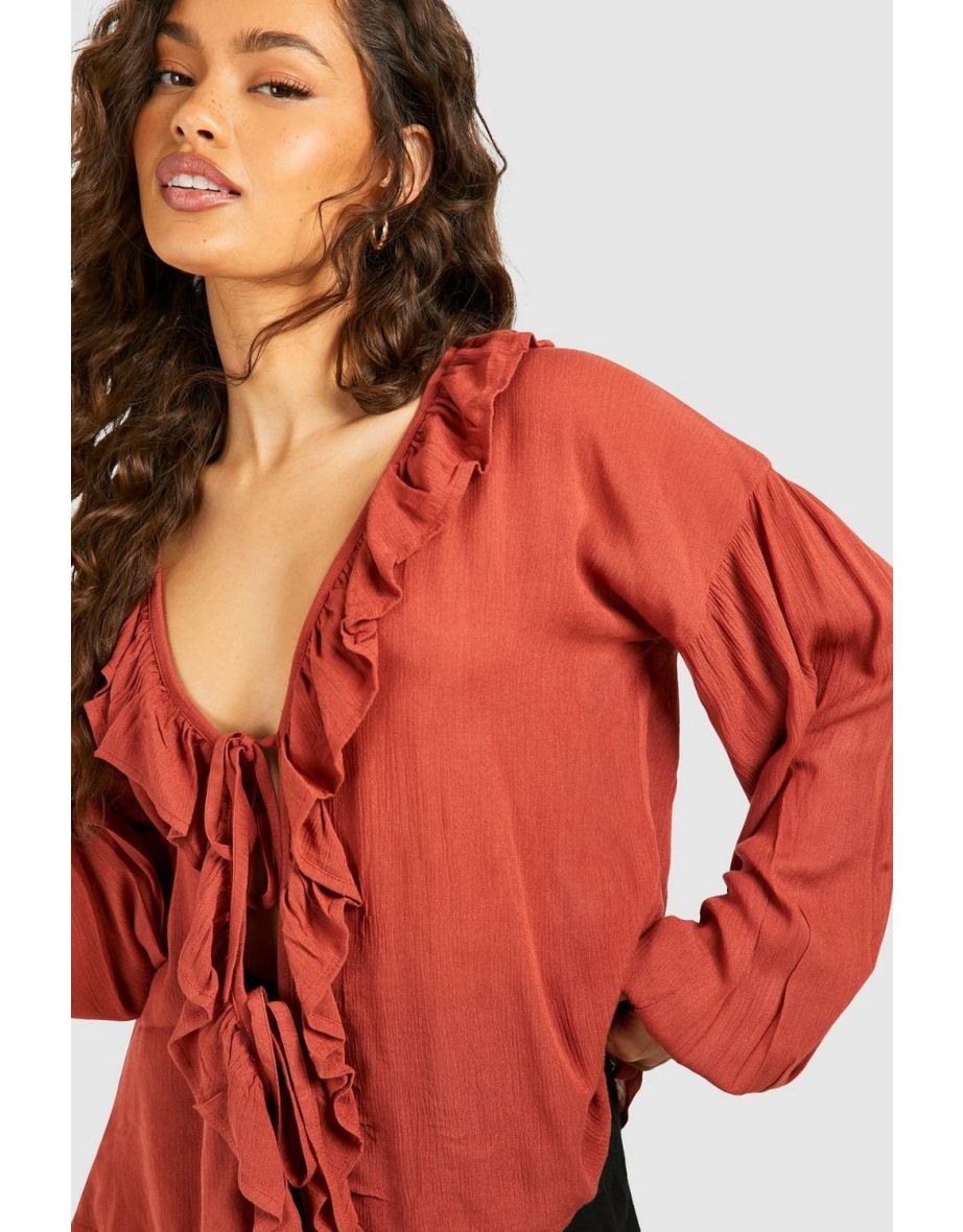Long Sleeve Ruffle Top - terracotta - 3