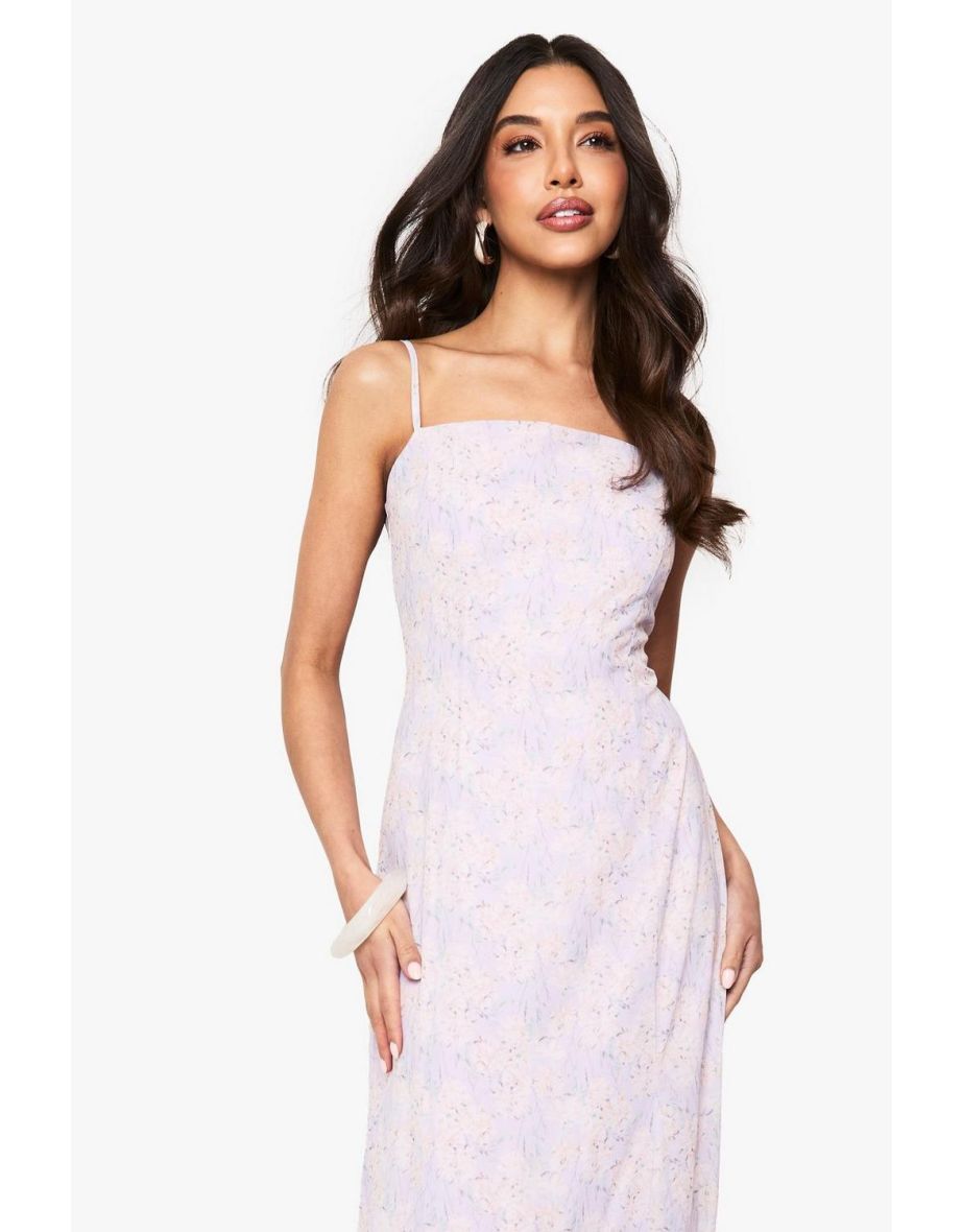Floral Chiffon Godet Hem Maxi Dress - lilac - 3
