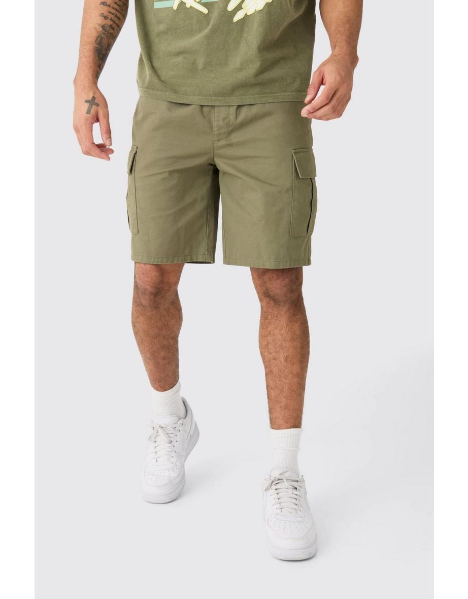 Elastic Waist Khaki Relaxed Fit Cargo Shorts - khaki