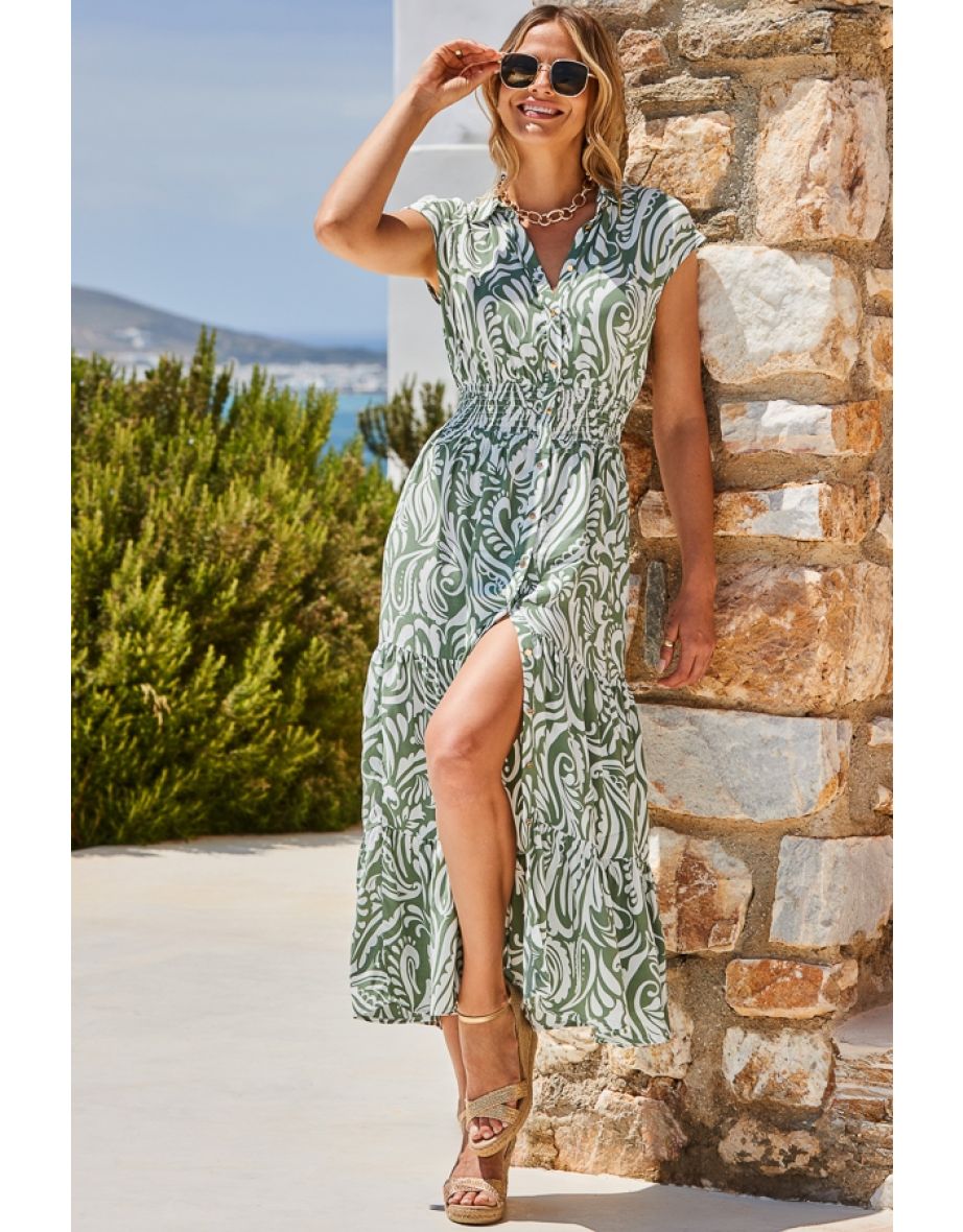Sage Green Paisley Print Shirt Dress