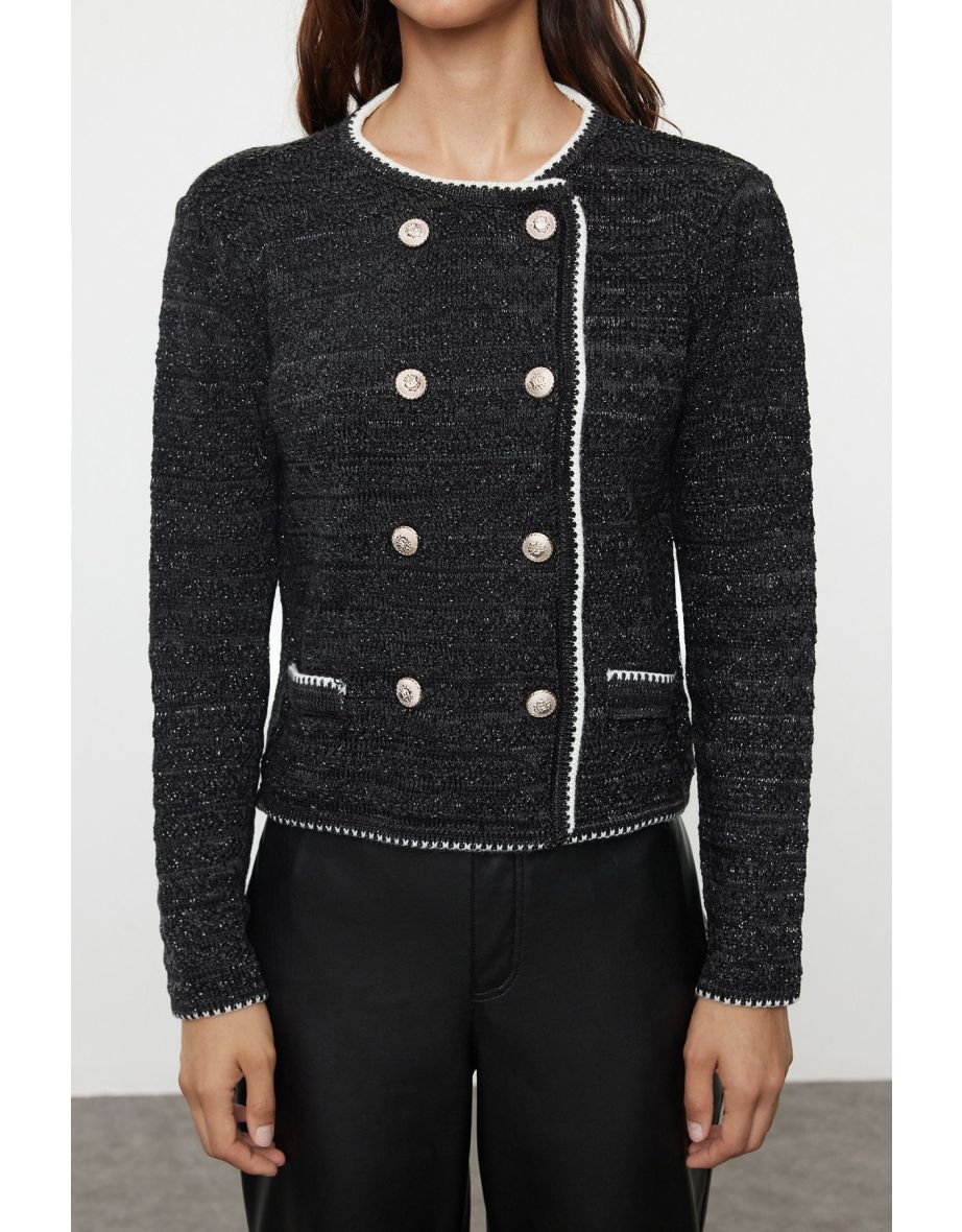 Black Double Breasted Knitted Cardigan - 4