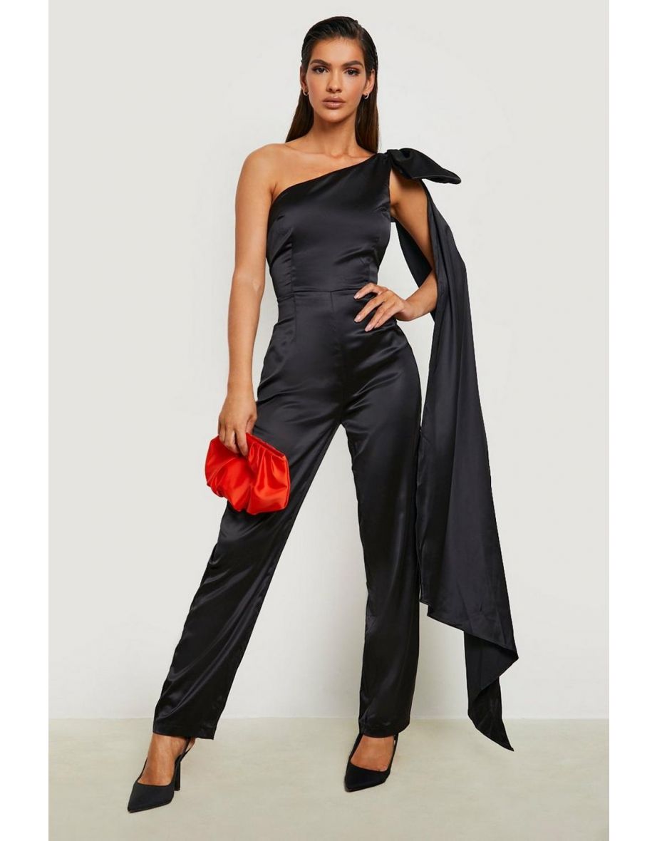 Satin Bow Detail Straight Leg Jumpsuit - black