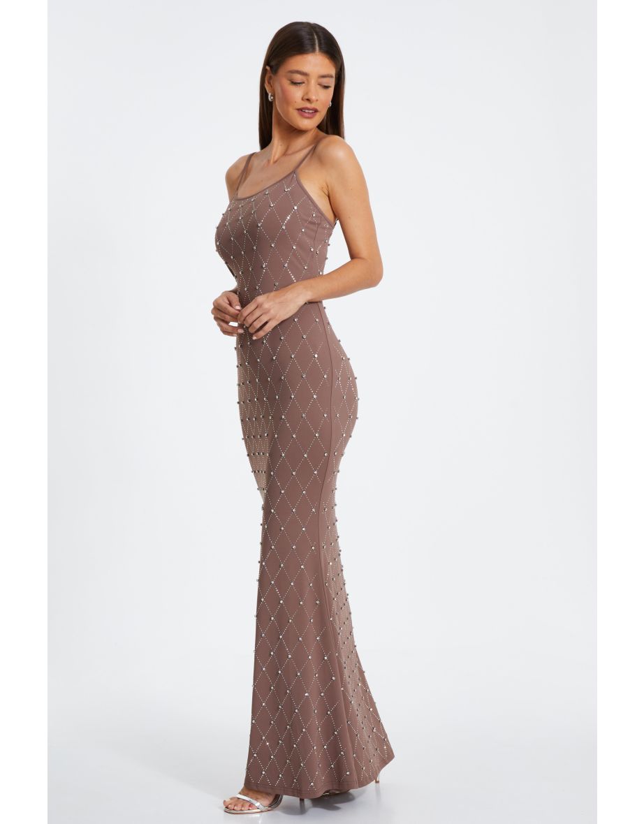 Mocha Rhinestone Square Neck Floor Length Dress