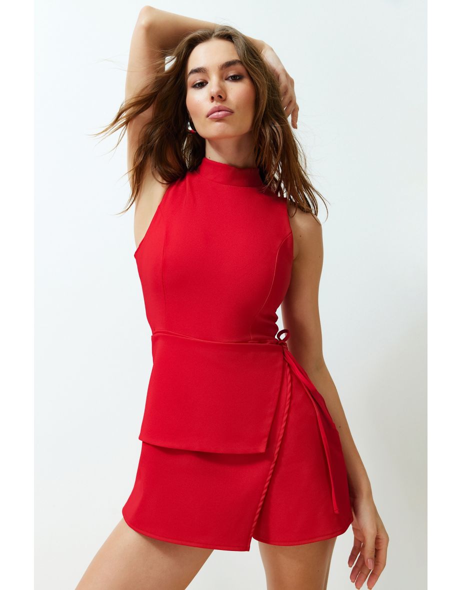 Red Tie Detail Mini Woven Short Skirt Jumpsuit - 7