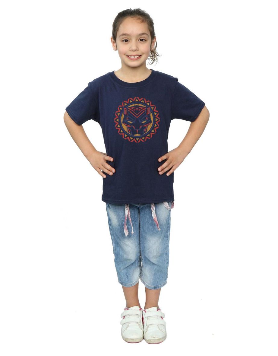 Marvel Girls Black Panther Tribal Panther Icon Cotton T-Shirt - Navy Blue - 3