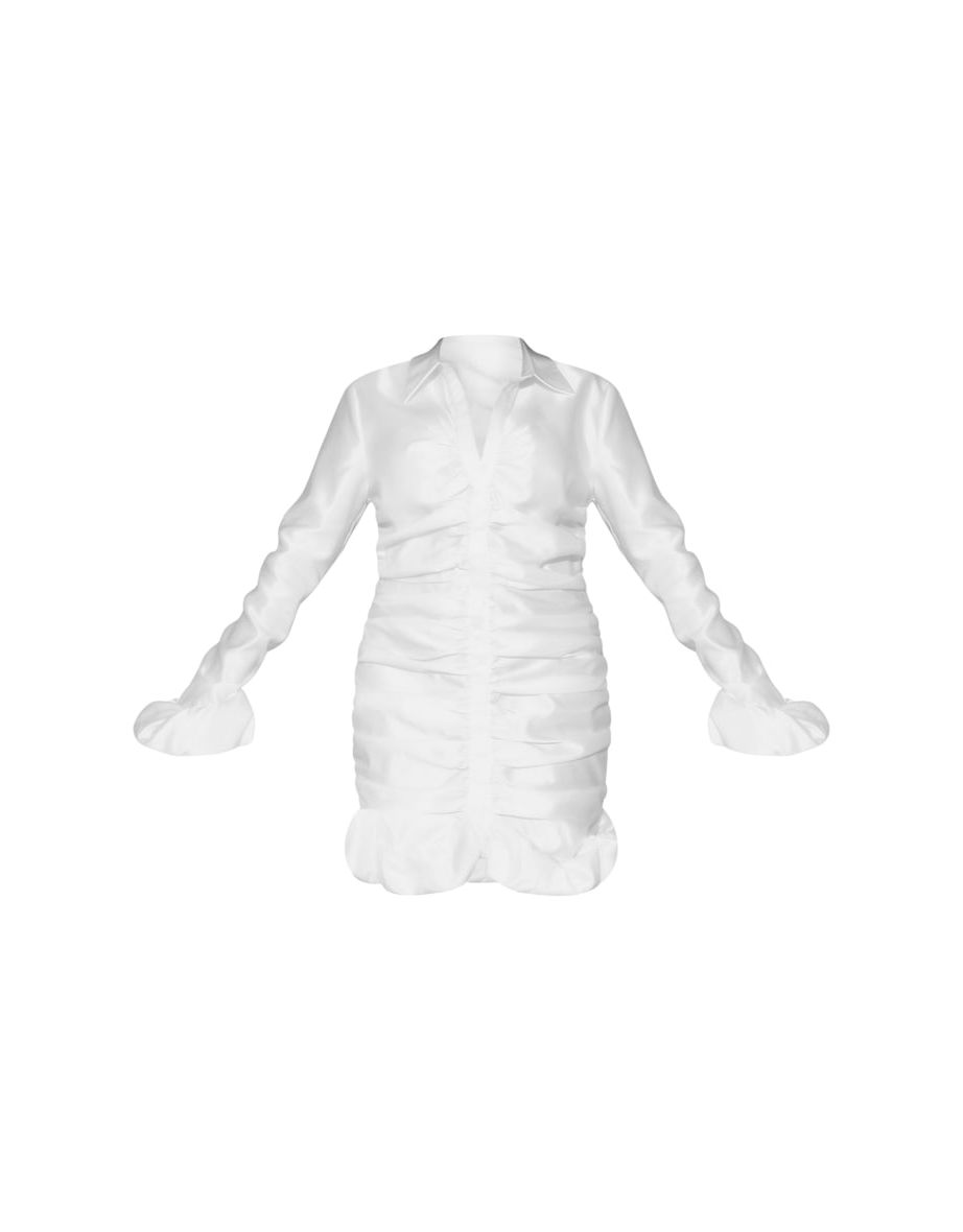 Plus White Satin Ruched Front Frill Hem Shirt Dress - 4