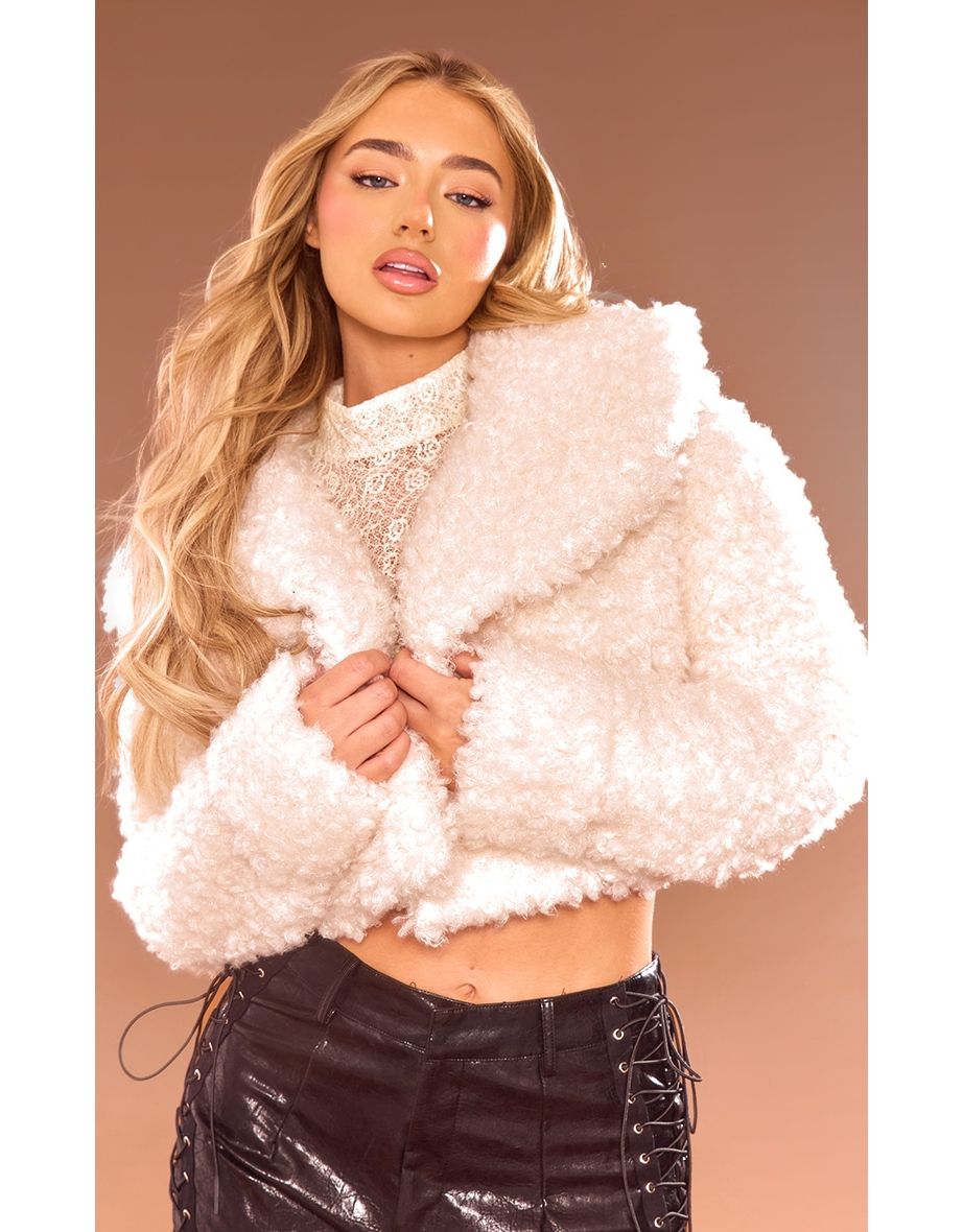 Cream Faux Fur Cropped Collar Detail Jacket