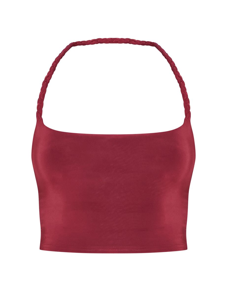 Cherry Red Slinky Braided Strap Detail Top - 4