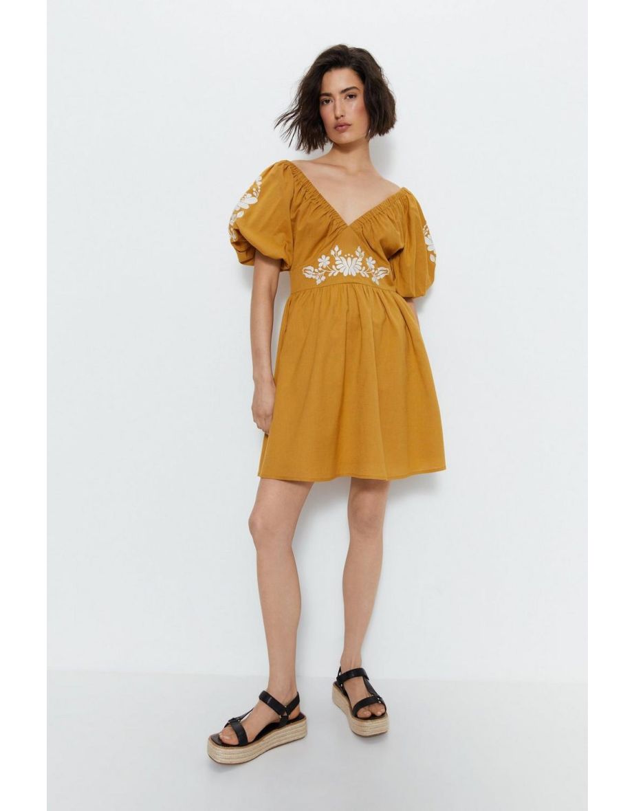 Embroidered Puff Sleeve Mini Dress