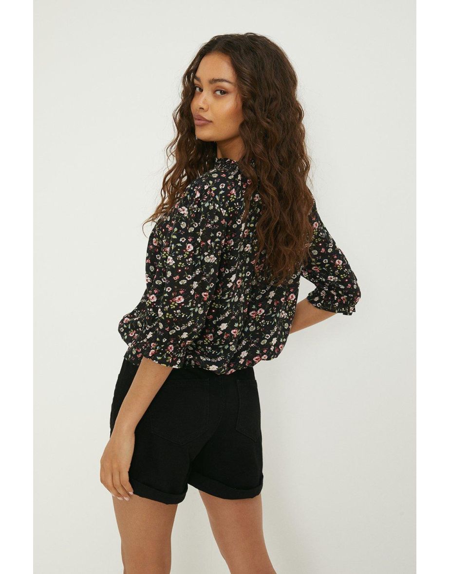 Petite Ditsy Shirred Hem Short Sleeve Blouse - 2