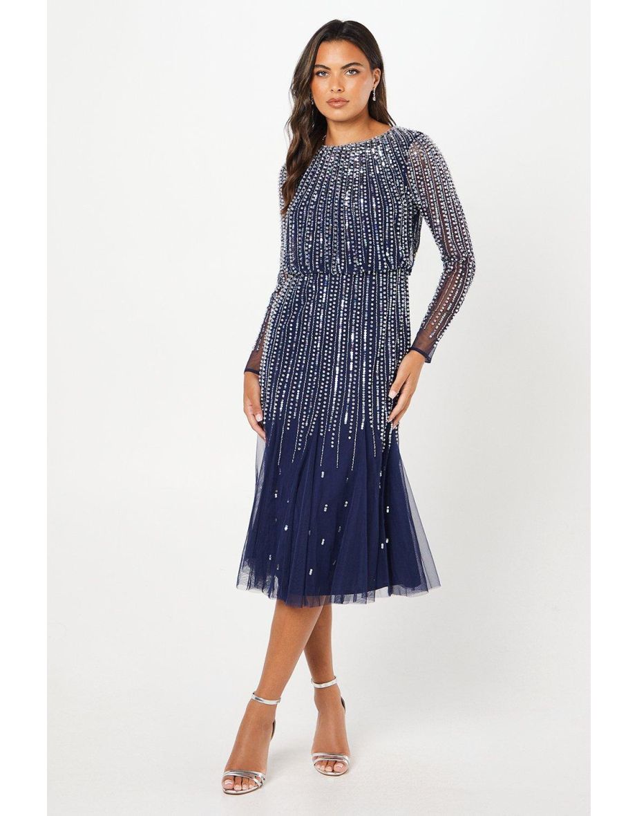 Linear Sequin Embellished Long Sleeve Midi Dress