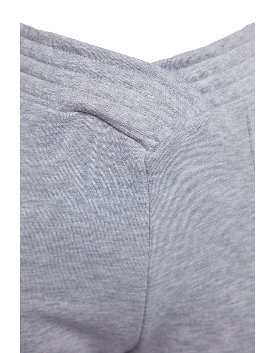 Gray Melange Thick Wide Leg Knitted Sweatpants with Waist Detail - 7
