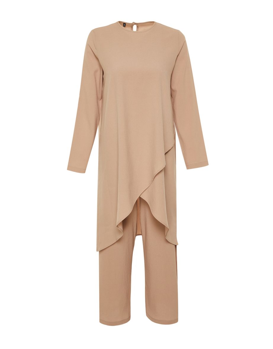 Beige Asymmetric Woven Tunic Trousers Two Piece Set - 7