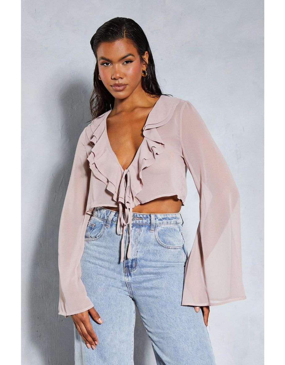 Chiffon Frill Layered Flute Sleeve Cropped Blouse