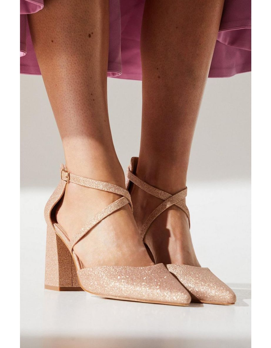 Wide Fit Treat Glittter Cross Strap Pointed Block Heel Court Shoes
