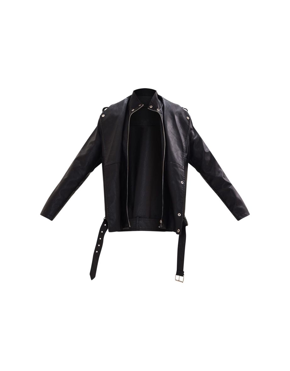 Black Double Layer Textured Faux Leather Oversized Biker Jacket - 4