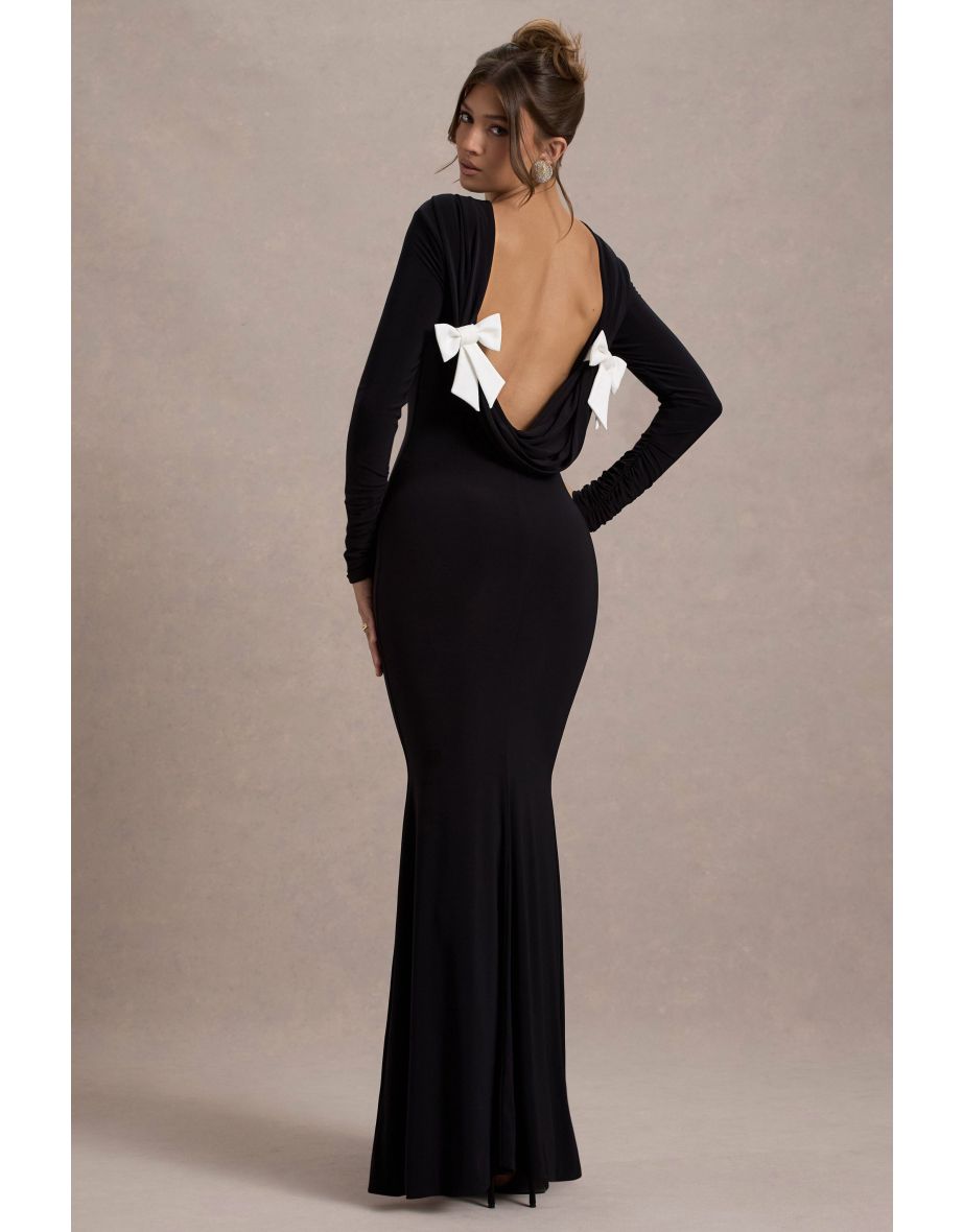 Rosalee | Black Long-Sleeve Cowl-Back Fishtail Maxi Dress With Bows - 7