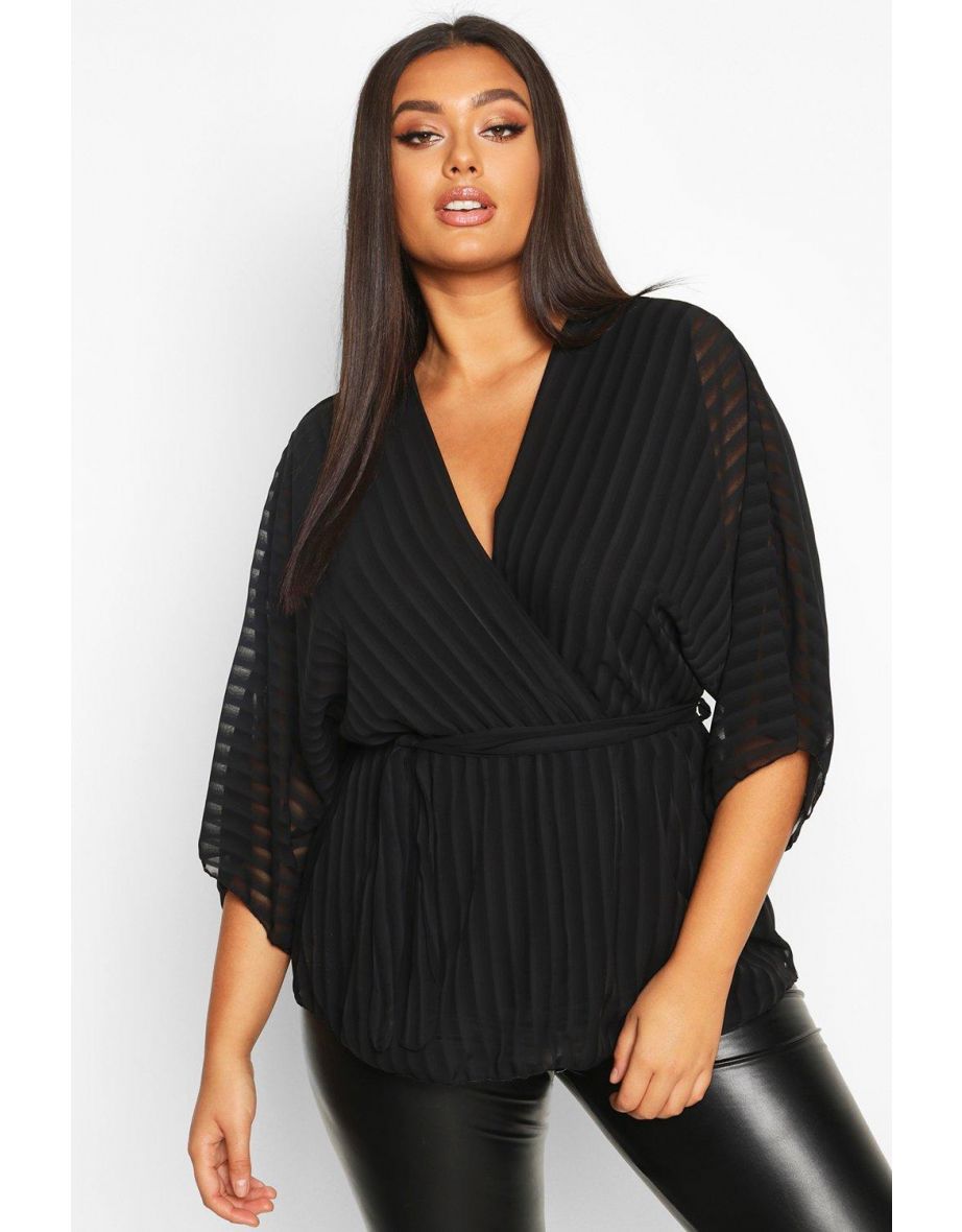 Plus Stripe Kimono Sleeve Peplum Wrap Tie Blouse - black