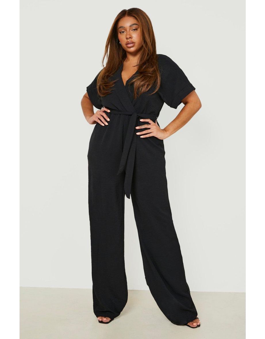 Shop Plus Woven Belted Wide Leg Jumpsuit black Online in Qatar VogaCloset