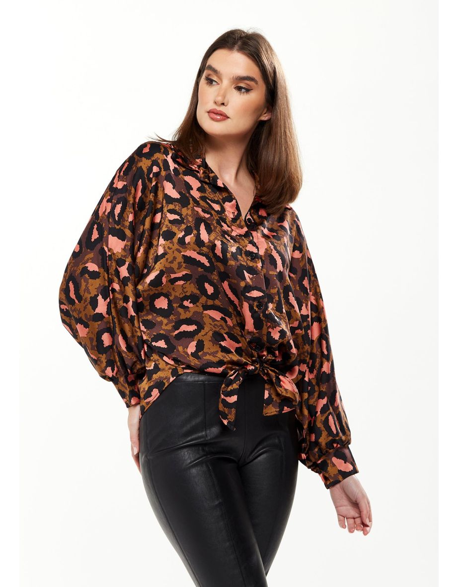 Women's Divine Grace Shirt with Front Tie in Brown & Coral Leopard Print