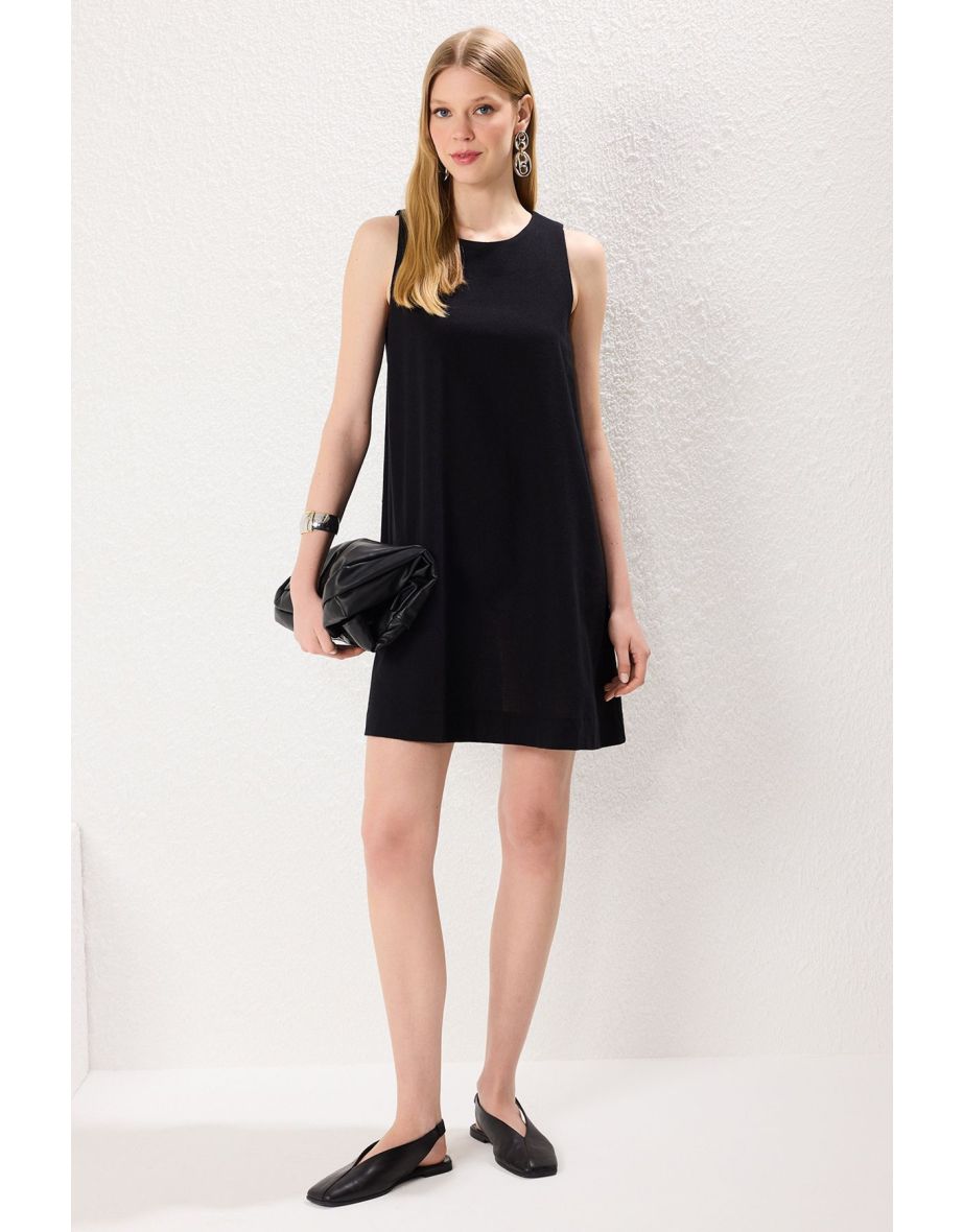 Black Plain Straight Cut Mini Woven Dress