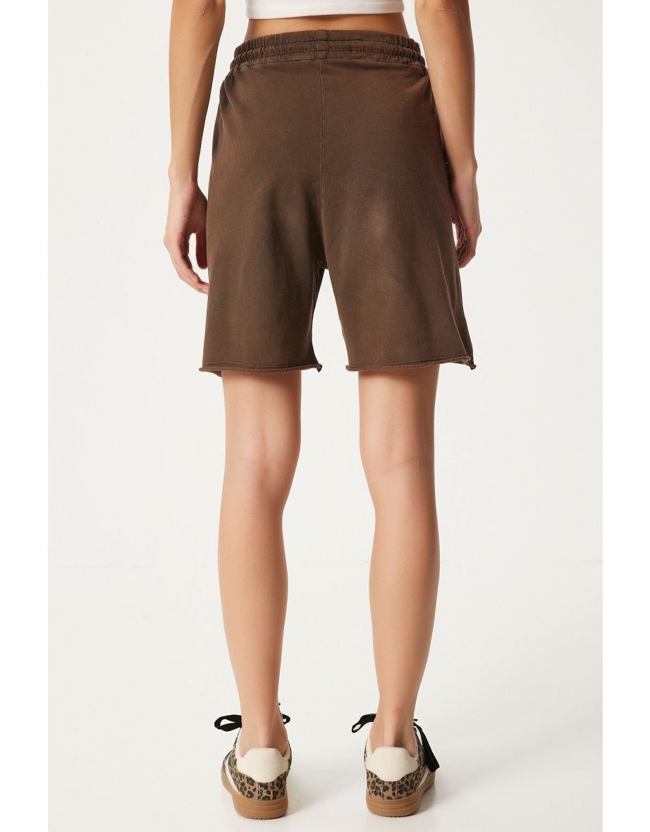 Women's Brown Washed Knitted Tracksuit Shorts - 4