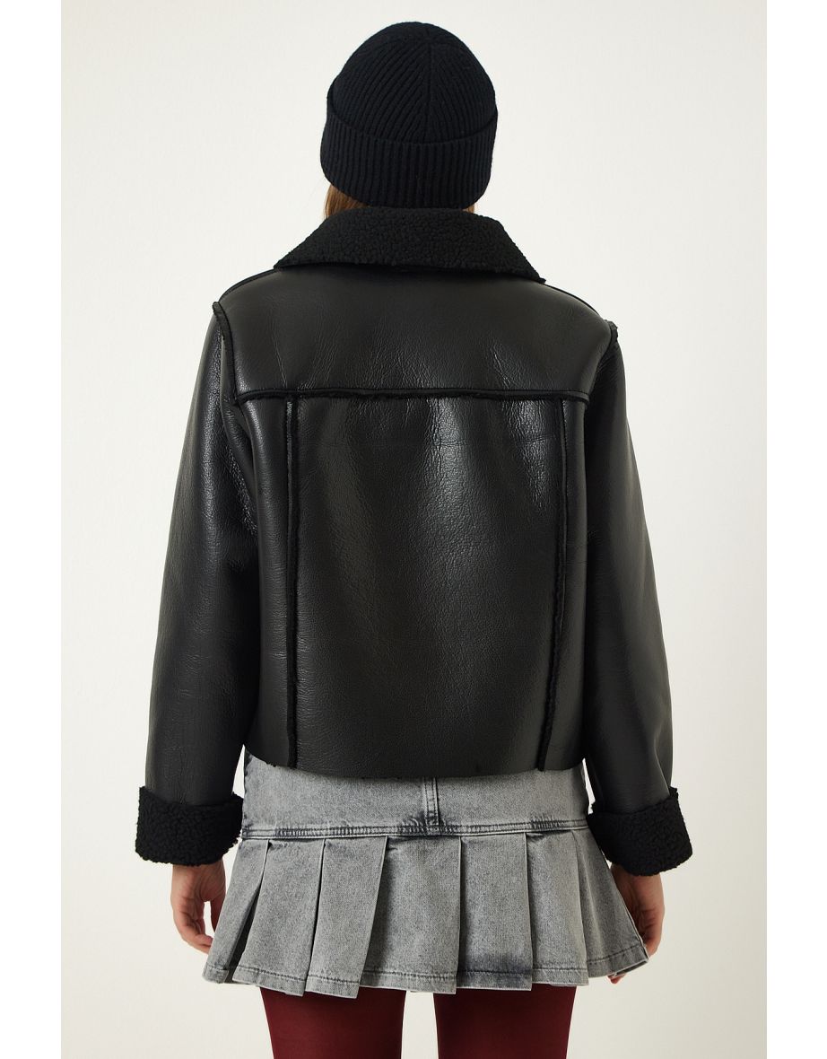 Black Fur Collar Wide Pocket Faux Leather Jacket - 5