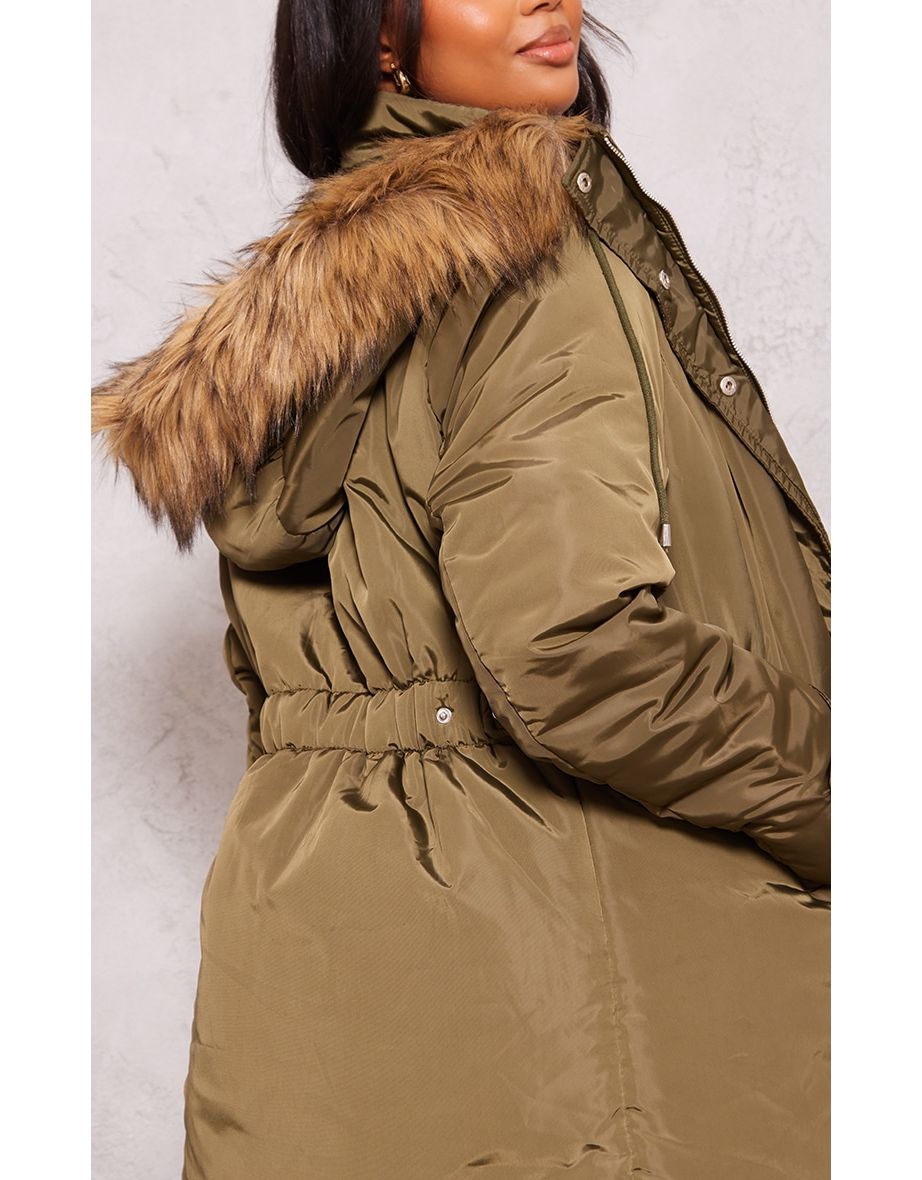 Plus Khaki Fur Hood Elasticated Waist Longline Parka Coat - 3