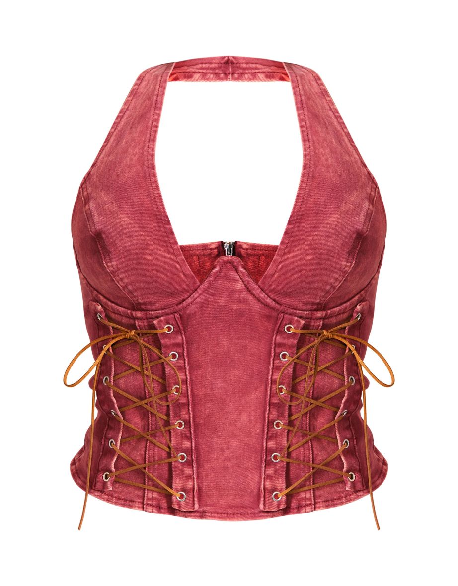Shape Bright Red Washed Denim Lace Up Corset - 4