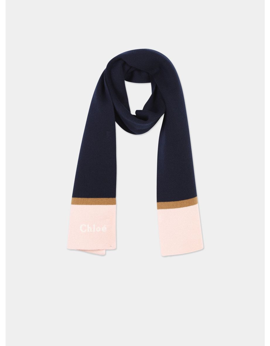 Chloé Girls Knitted Logo Scarf in Navy