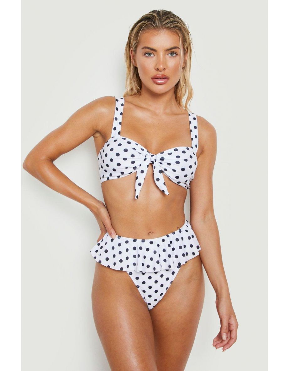 Polka Dot Knot Strappy Bandeau Bikini Top - white - 3